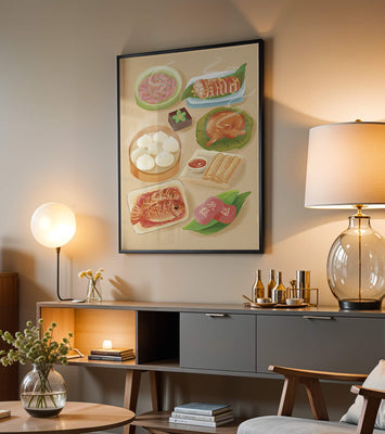 Colorful Representation of Asian Cuisine with Various Dishes