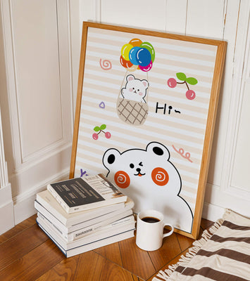 Adorable bears with colorful balloons and cherries on striped background