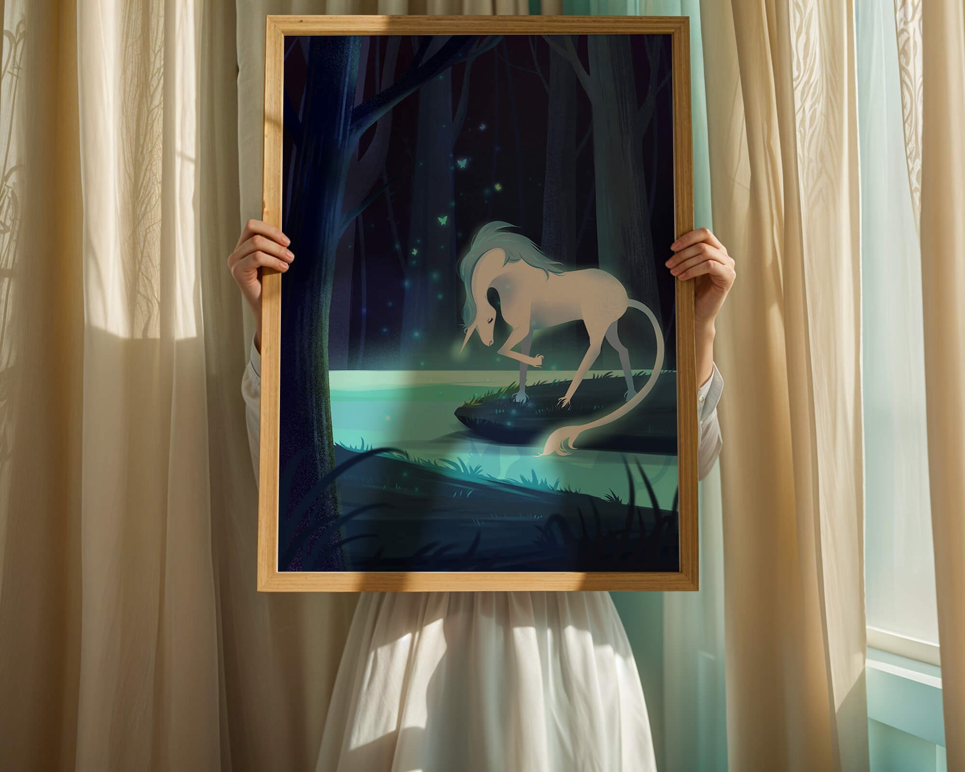 Enchanting night scene with a unicorn by a forest stream