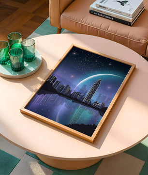 Paisaje urbano futurista bajo un cielo estrellado