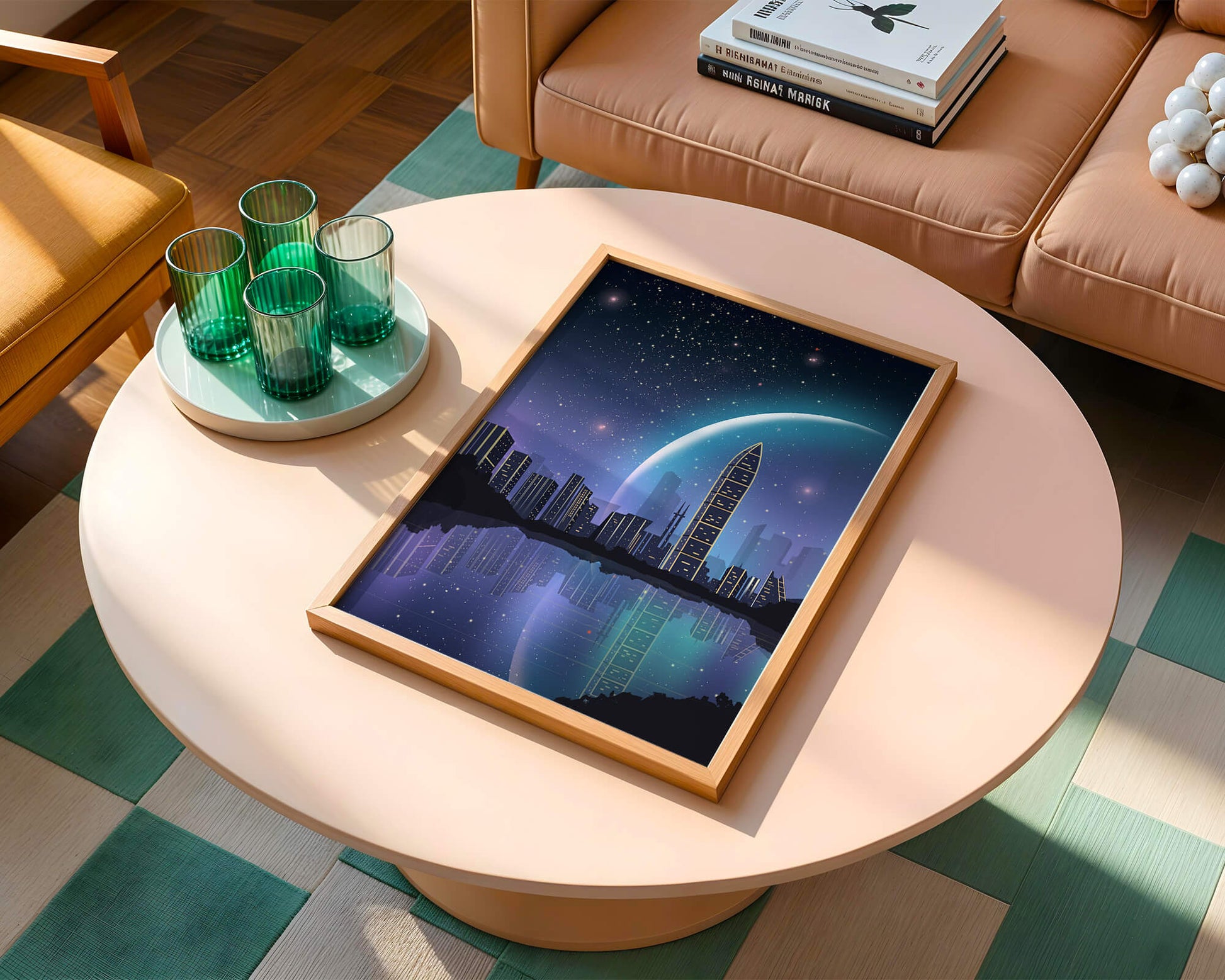 Futuristic cityscape under a starry night sky