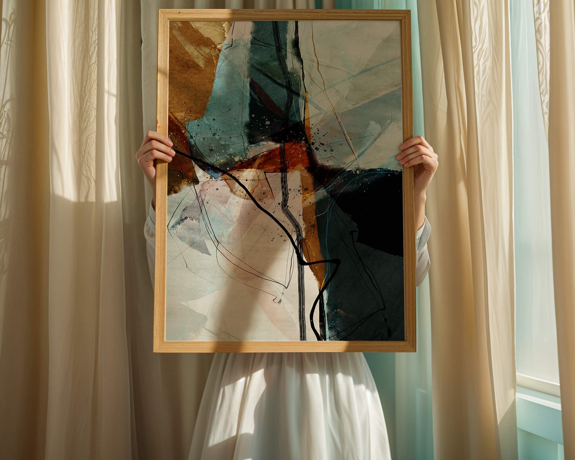 Abstract watercolor artwork with dynamic lines and colors
