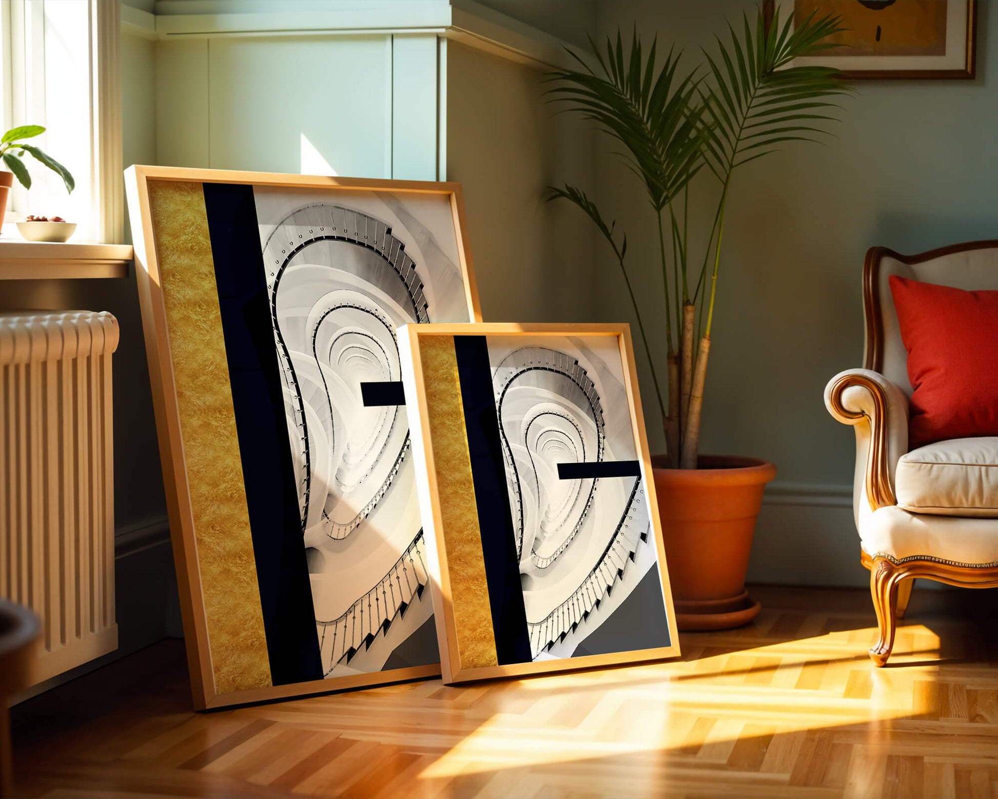 Abstract spiral staircase with a gold accent design