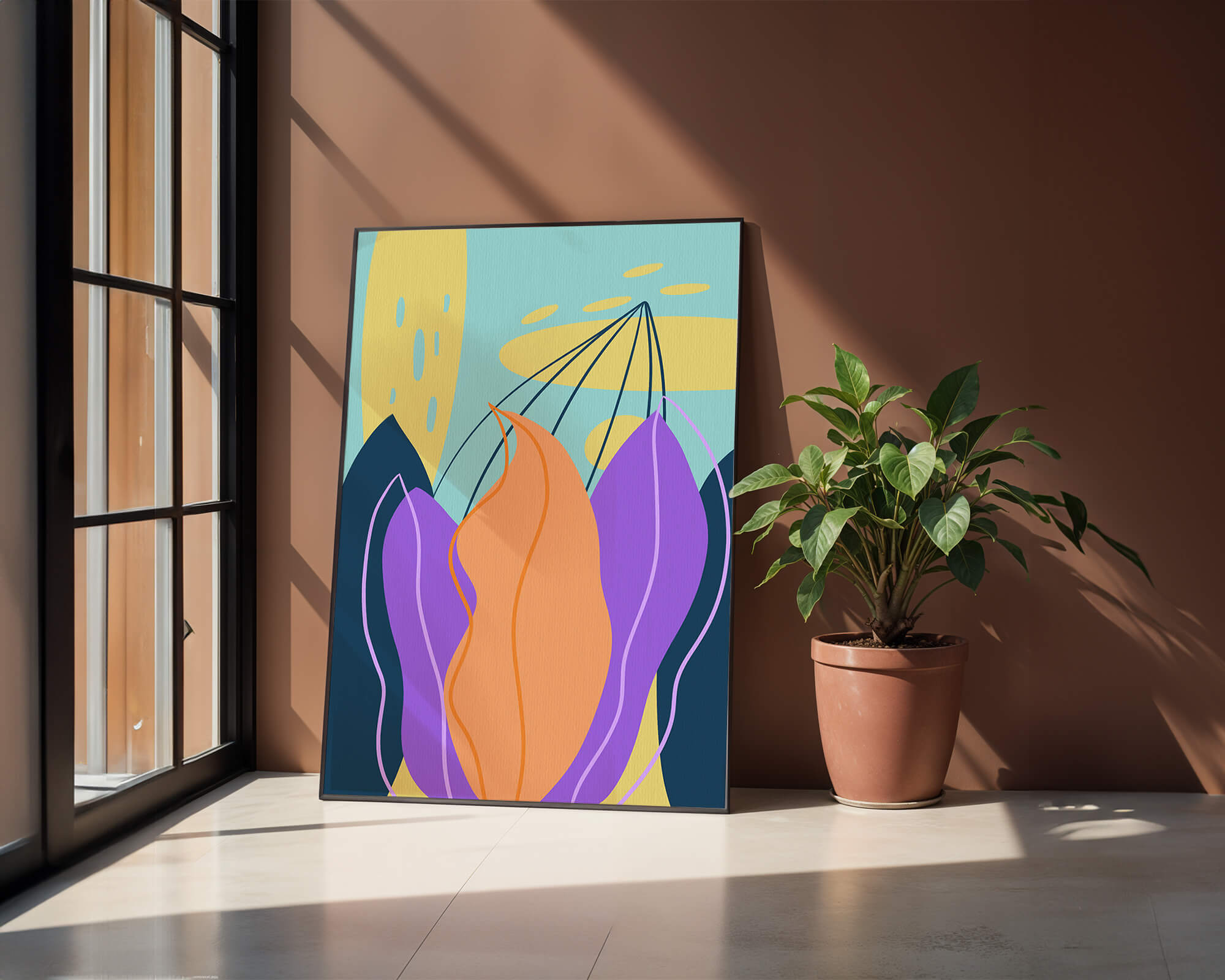Abstract floral illustration with vibrant colors and geometric shapes