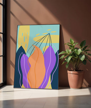 Abstract floral illustration with vibrant colors and geometric shapes
