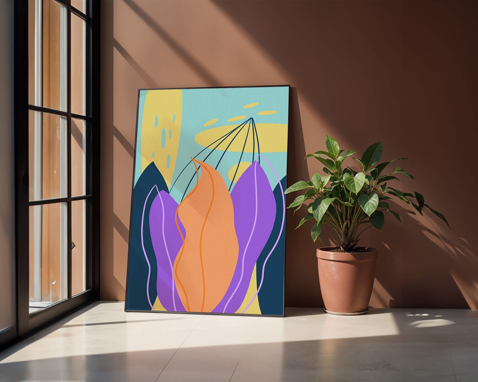 Abstract floral illustration with vibrant colors and geometric shapes