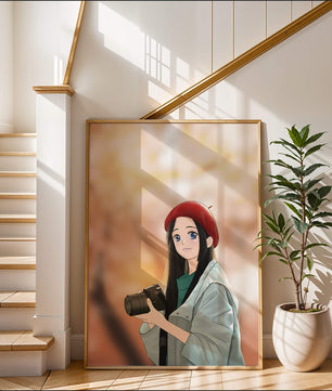 Chica de anime con boina roja sosteniendo una cámara durante el otoño