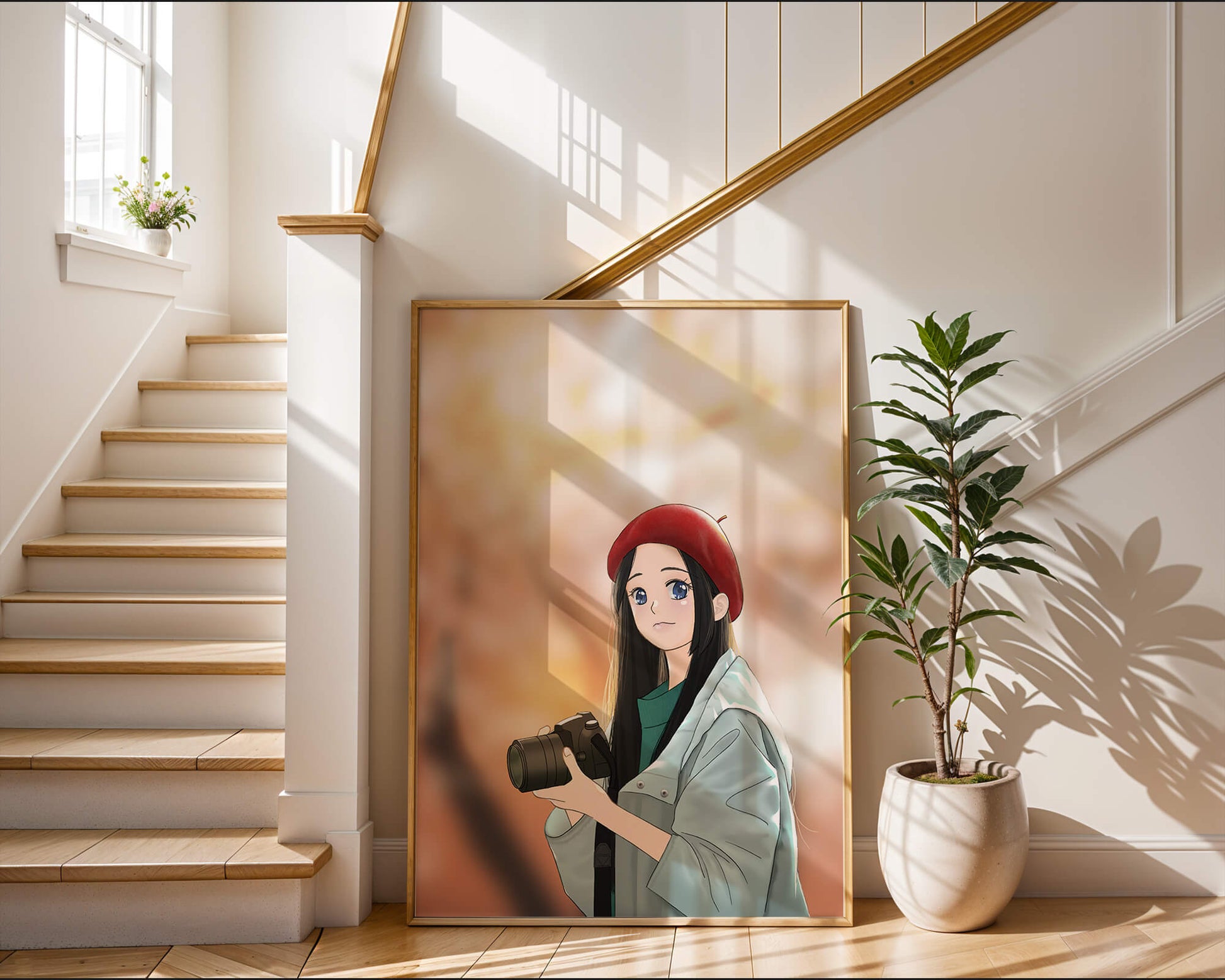 Anime girl in red beret holding camera during autumn