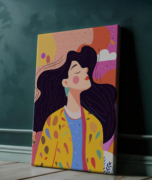 Ilustración colorida de una mujer en estilo artístico con fondo vibrante