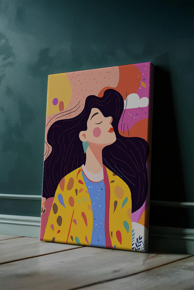 Ilustración colorida de una mujer en estilo artístico con fondo vibrante