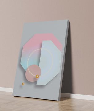 An abstract geometric art piece with pastel tones and golden accents
