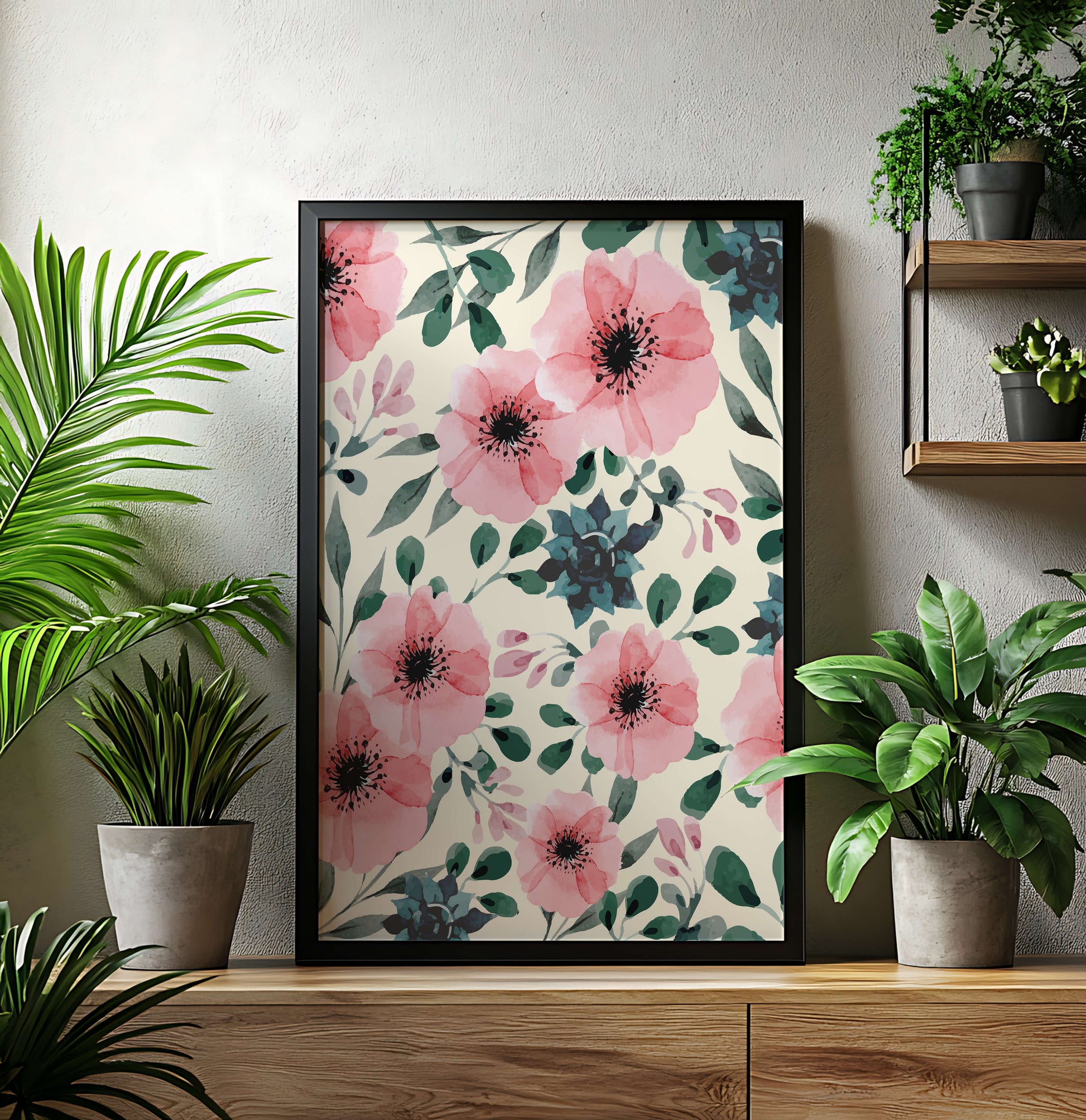Floral Watercolor Pattern with Pink Flowers and Green Leaves