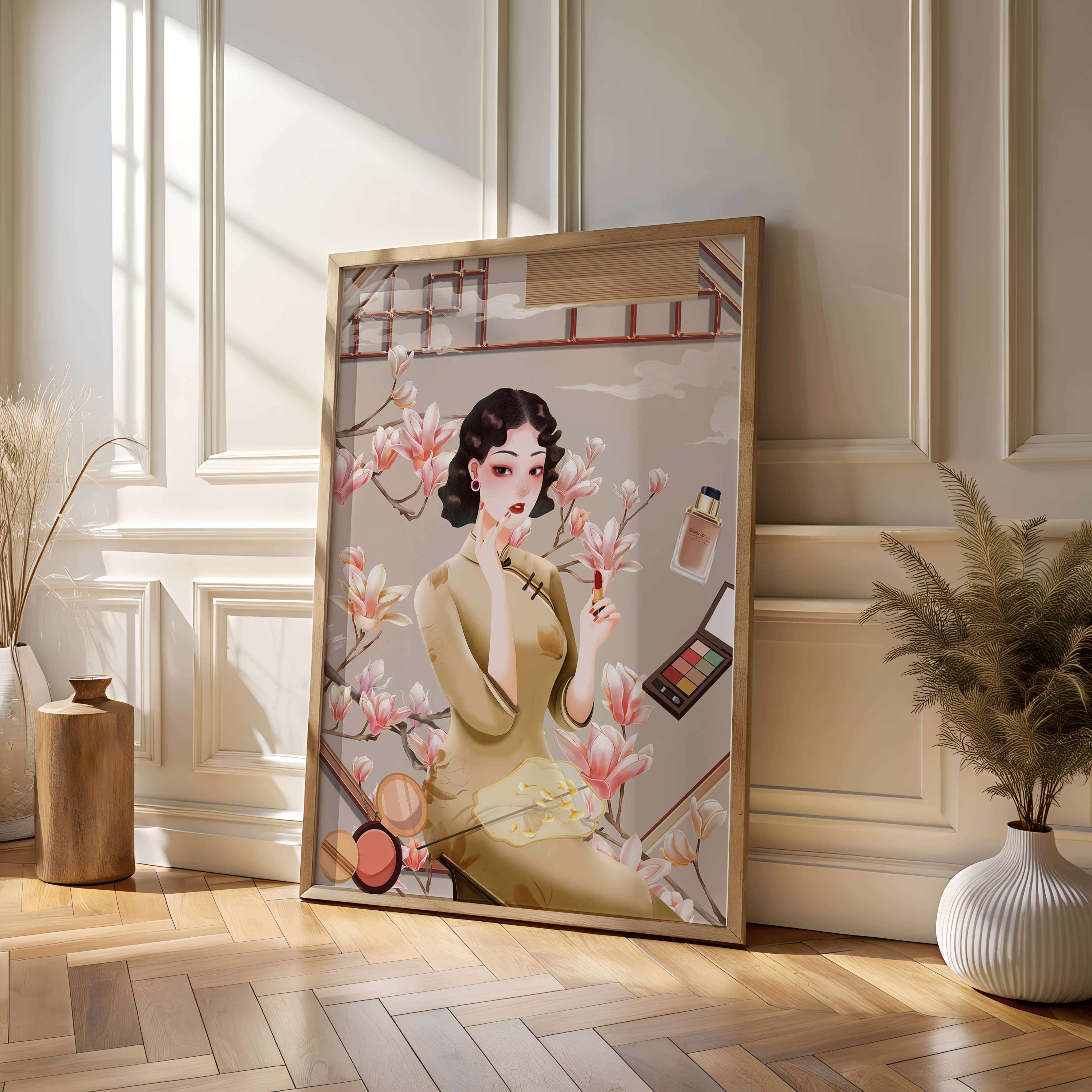 Elegant illustration of a woman with makeup and magnolia flowers