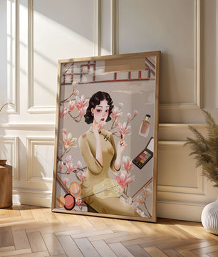 Elegant illustration of a woman with makeup and magnolia flowers