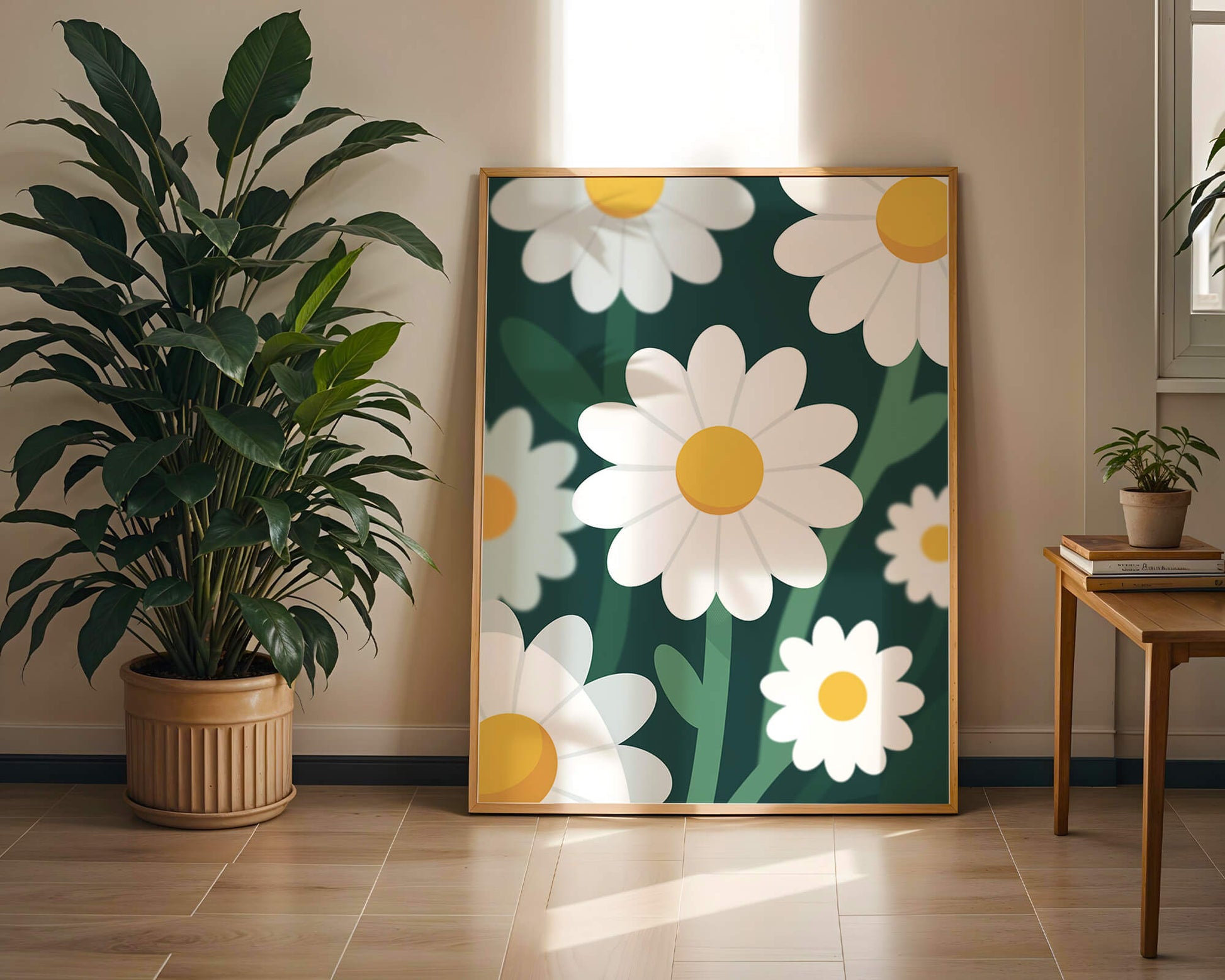 Margaritas sobre fondo verde oscuro con diseño abstracto