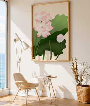 Delicate pink lotus flowers with verdant green leaves