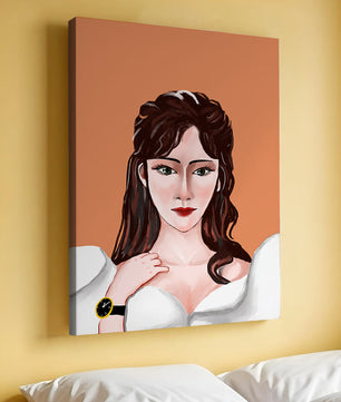 Retrato de una mujer con peinado elegante y reloj dorado