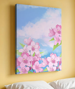 Ilustración de flores rosadas contra un cielo azul vibrante con nubes