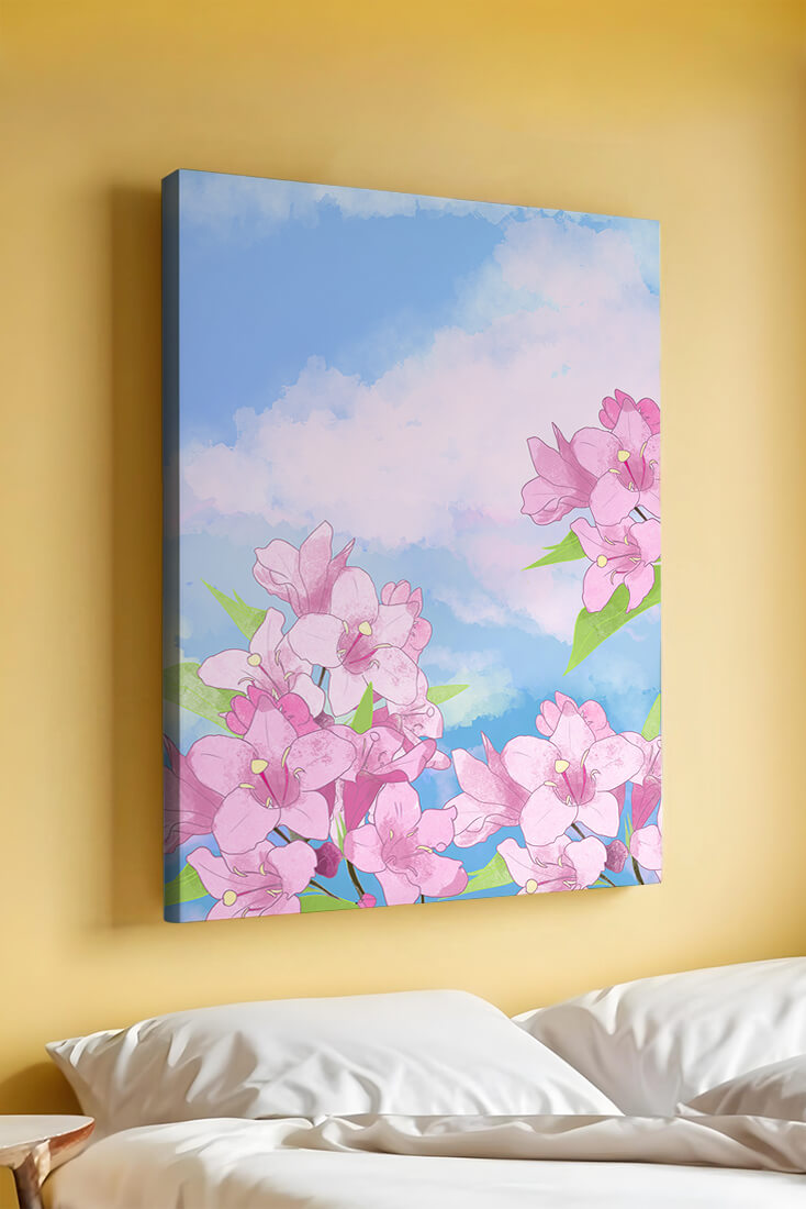 Ilustración de flores rosadas contra un cielo azul vibrante con nubes