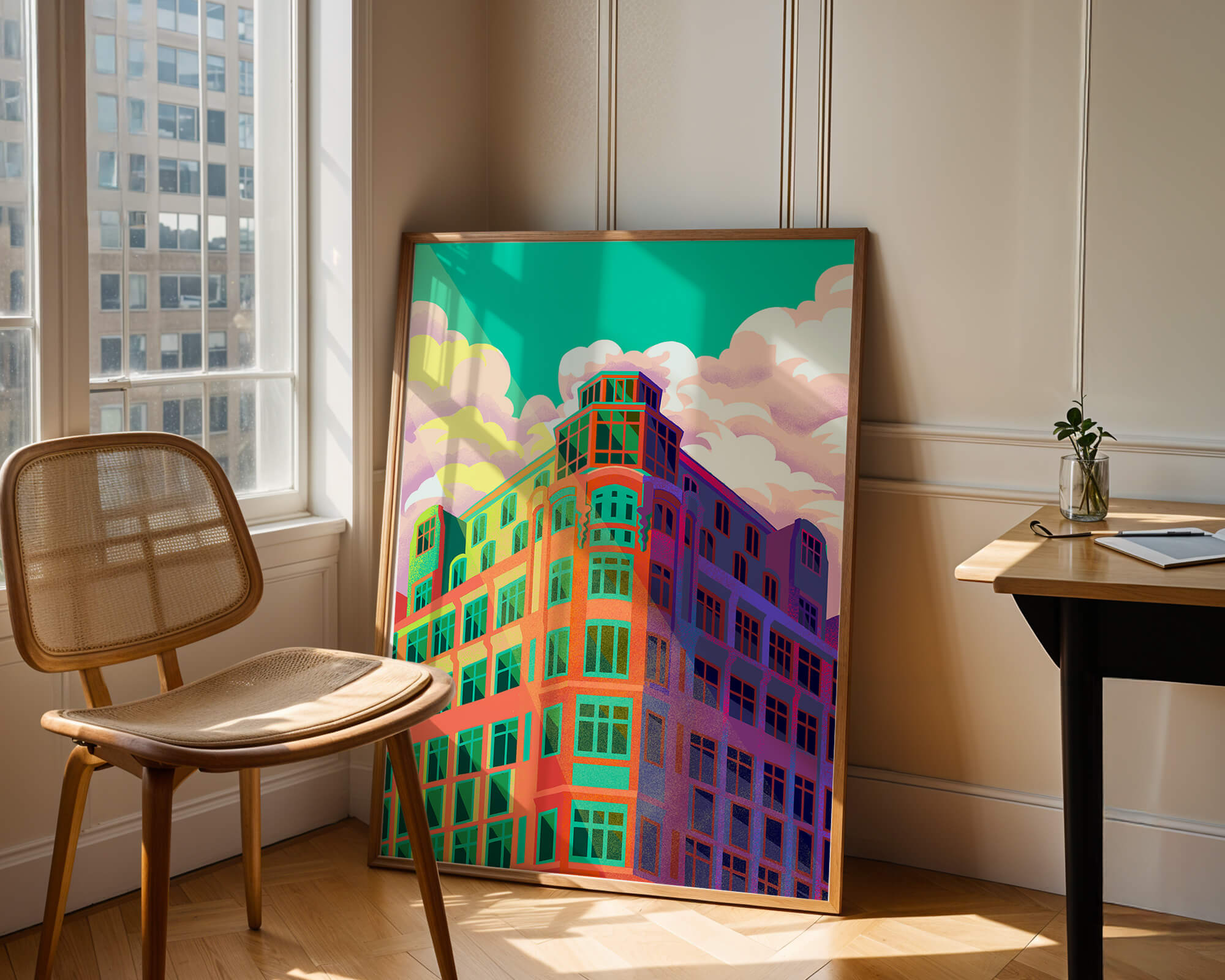 Colorful geometric building with vibrant sky