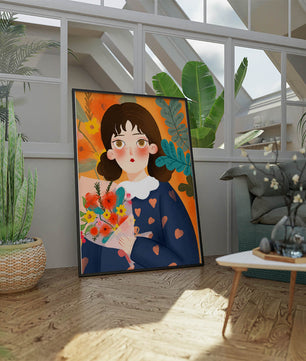 Ilustración encantadora de una chica con flores y corazones