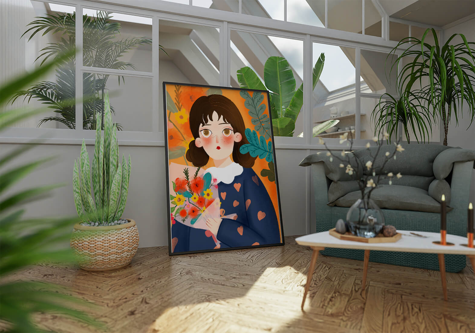 Ilustración encantadora de una chica con flores y corazones