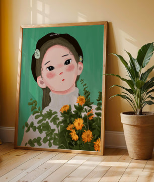 Illustration of a girl with flowers and a beret on a green background