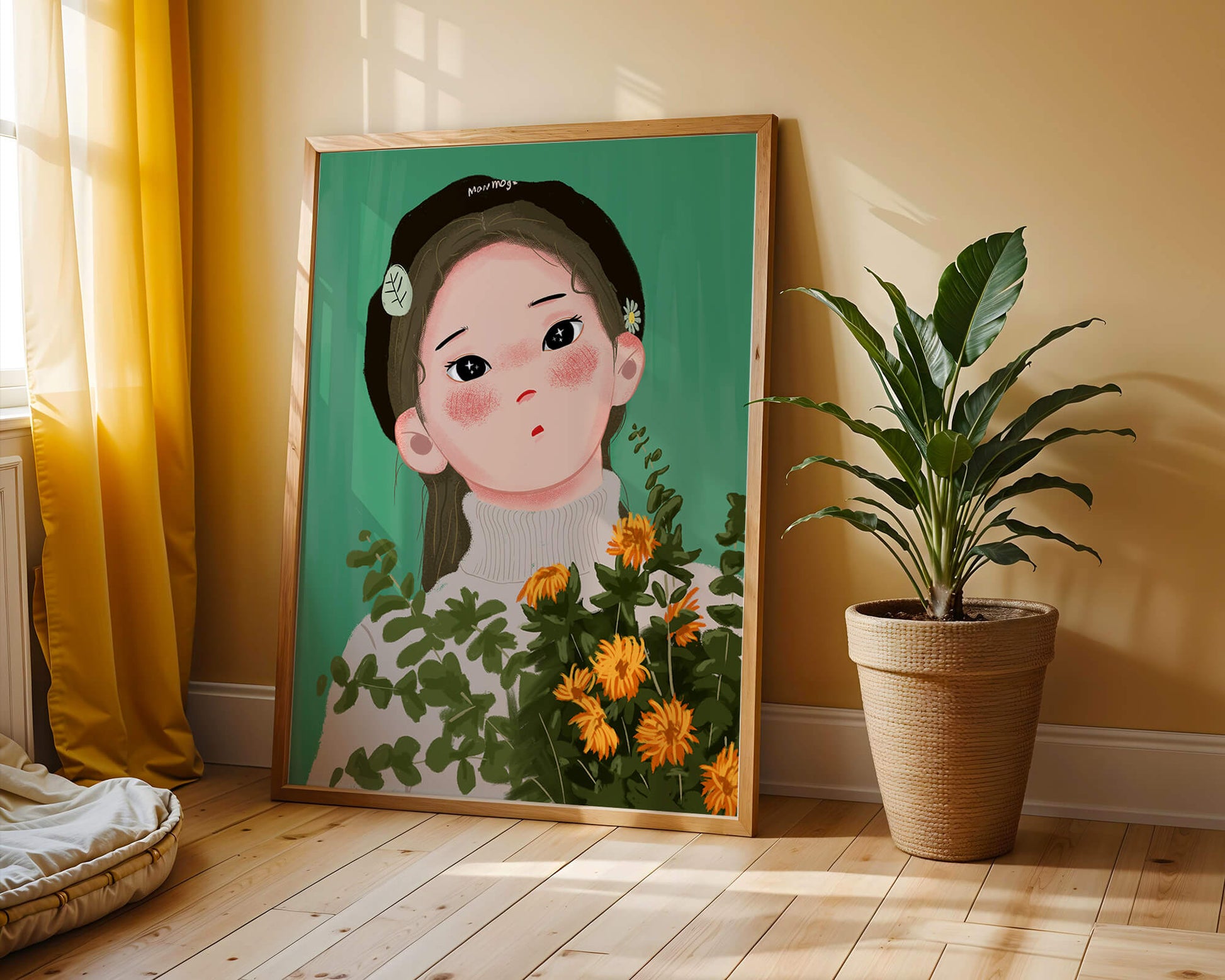 Illustration of a girl with flowers and a beret on a green background