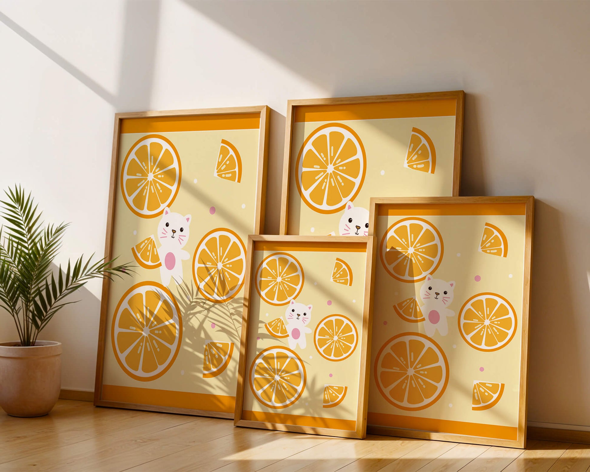 Illustration of a playful cat with orange slices on a colorful background