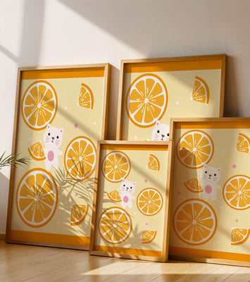 Illustration of a playful cat with orange slices on a colorful background