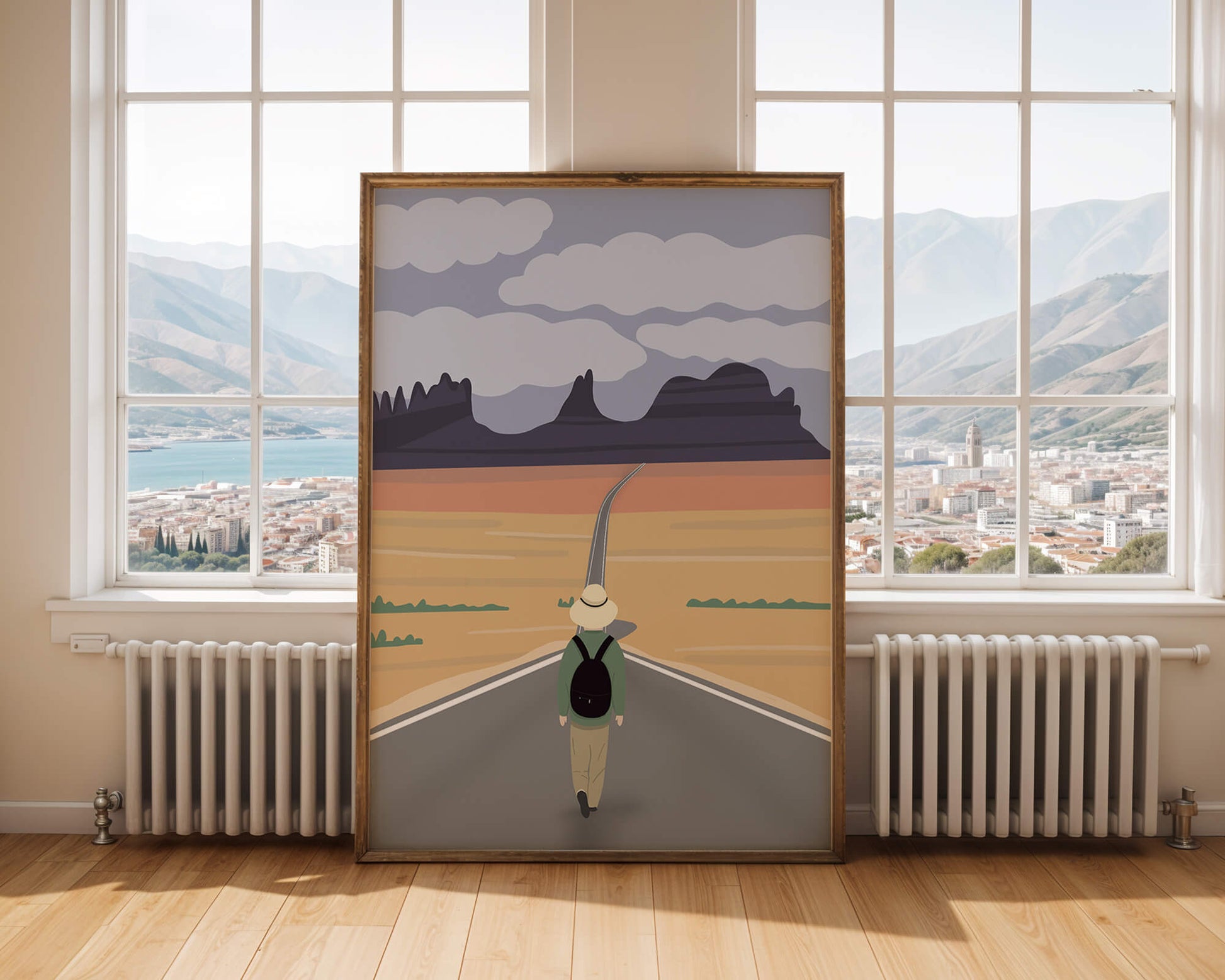 Traveler Walking on Endless Road Toward Mountains