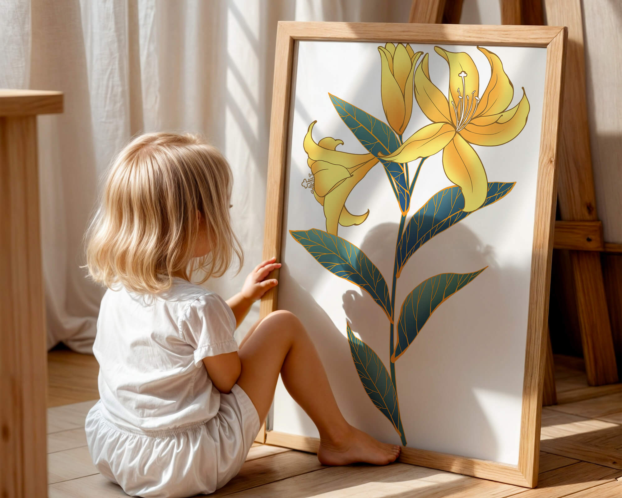 Elegant golden lily illustration with intricate leaf details