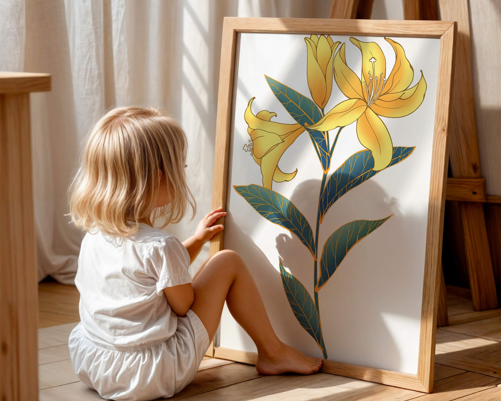 Elegant golden lily illustration with intricate leaf details