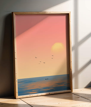 Amanecer Sereno sobre el Océano con un Barco Solitario y Pájaros en Vuelo