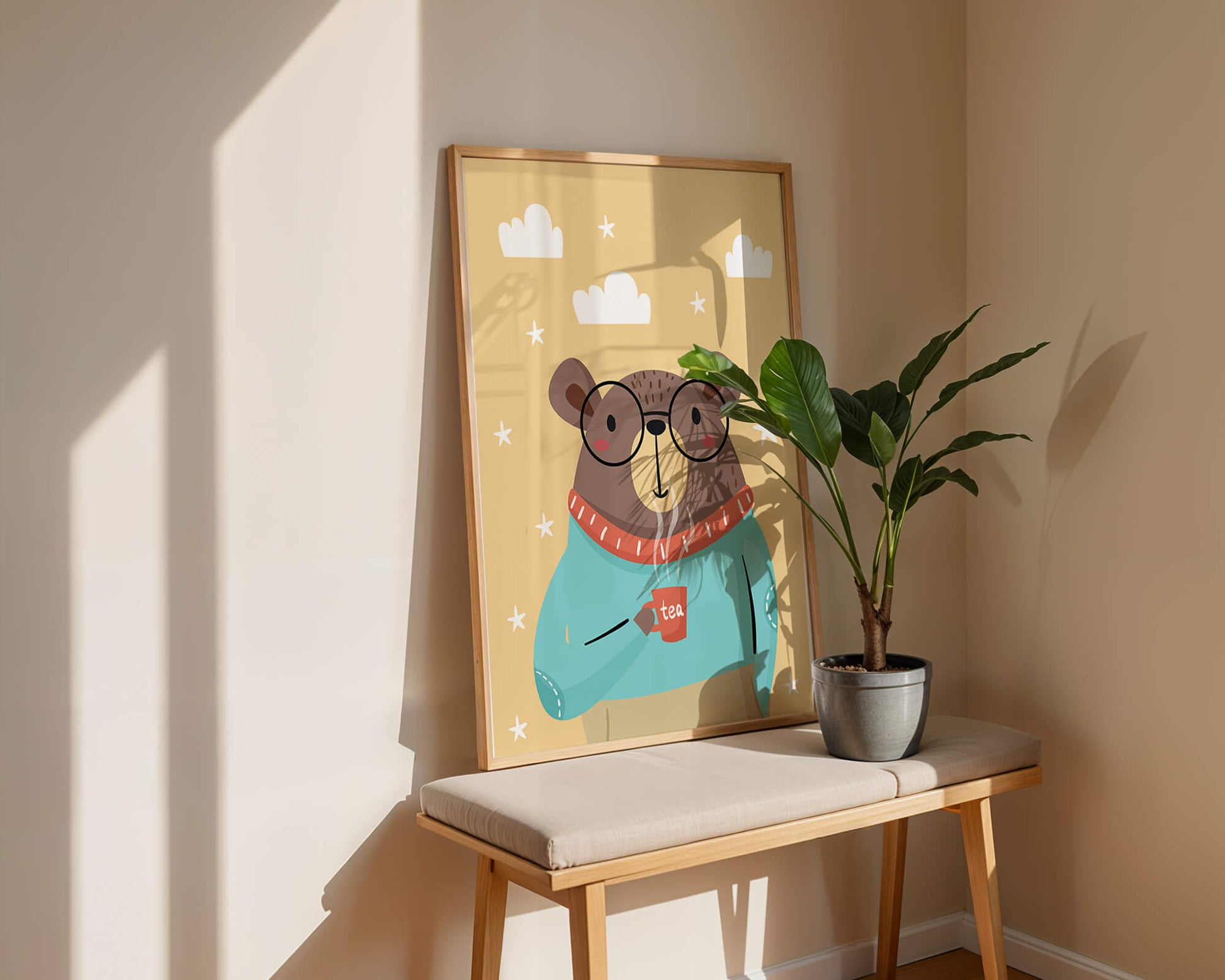 Illustration of a cozy bear enjoying tea with glasses