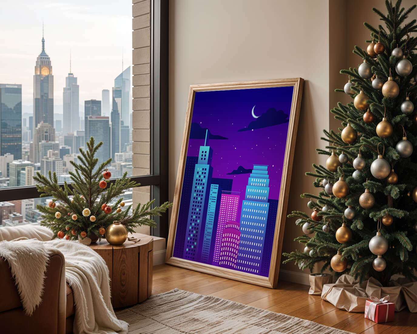 Vibrant city skyline at night with modern skyscrapers and starry sky