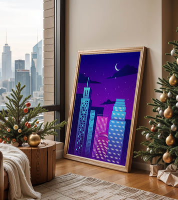Vibrant city skyline at night with modern skyscrapers and starry sky