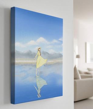 Woman in yellow dress standing on reflective water against clear sky