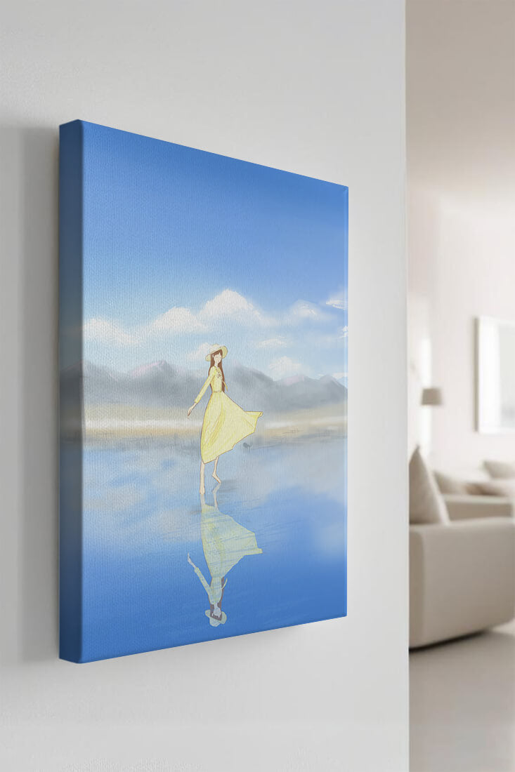 Woman in yellow dress standing on reflective water against clear sky