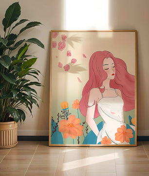 Illustration of a serene woman in a floral dress with flowing red hair