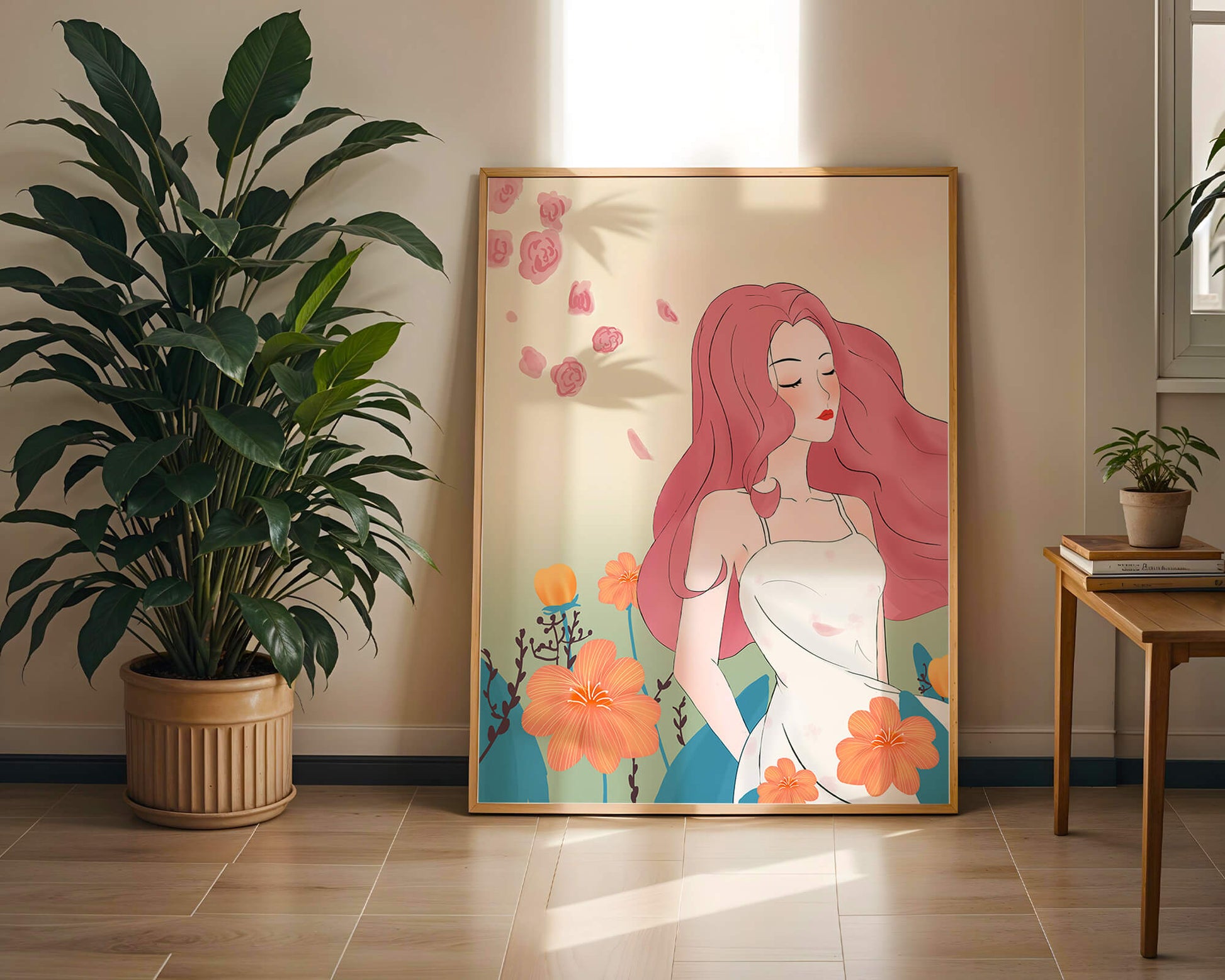 Illustration of a serene woman in a floral dress with flowing red hair
