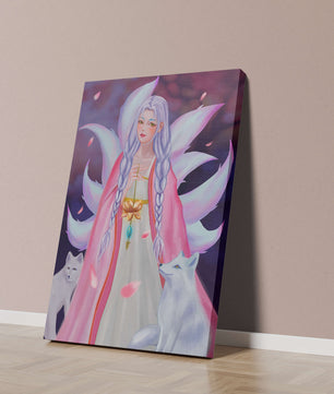 Fantasy art of ethereal figure with foxes and petals