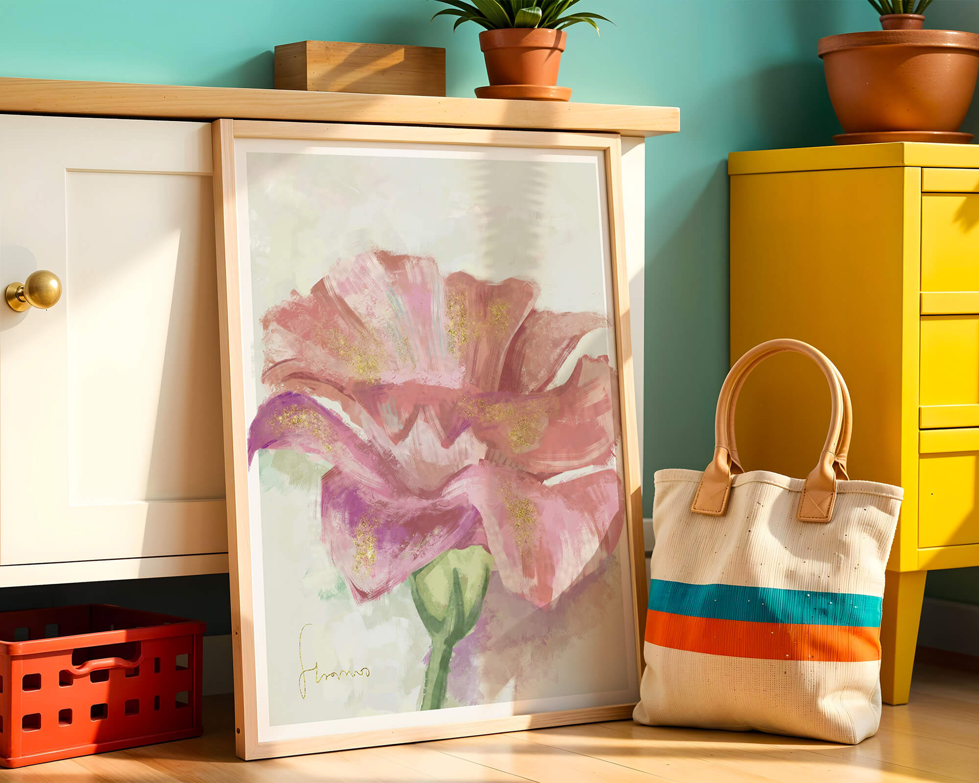 Vibrant pink flower with golden accents in abstract style