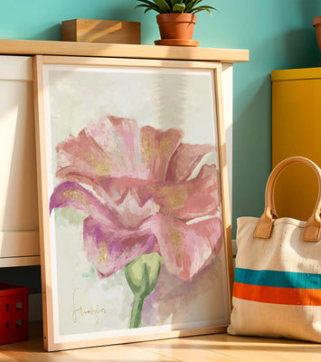Vibrant pink flower with golden accents in abstract style