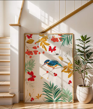 Oiseaux et feuillages colorés dans un décor botanique tropical