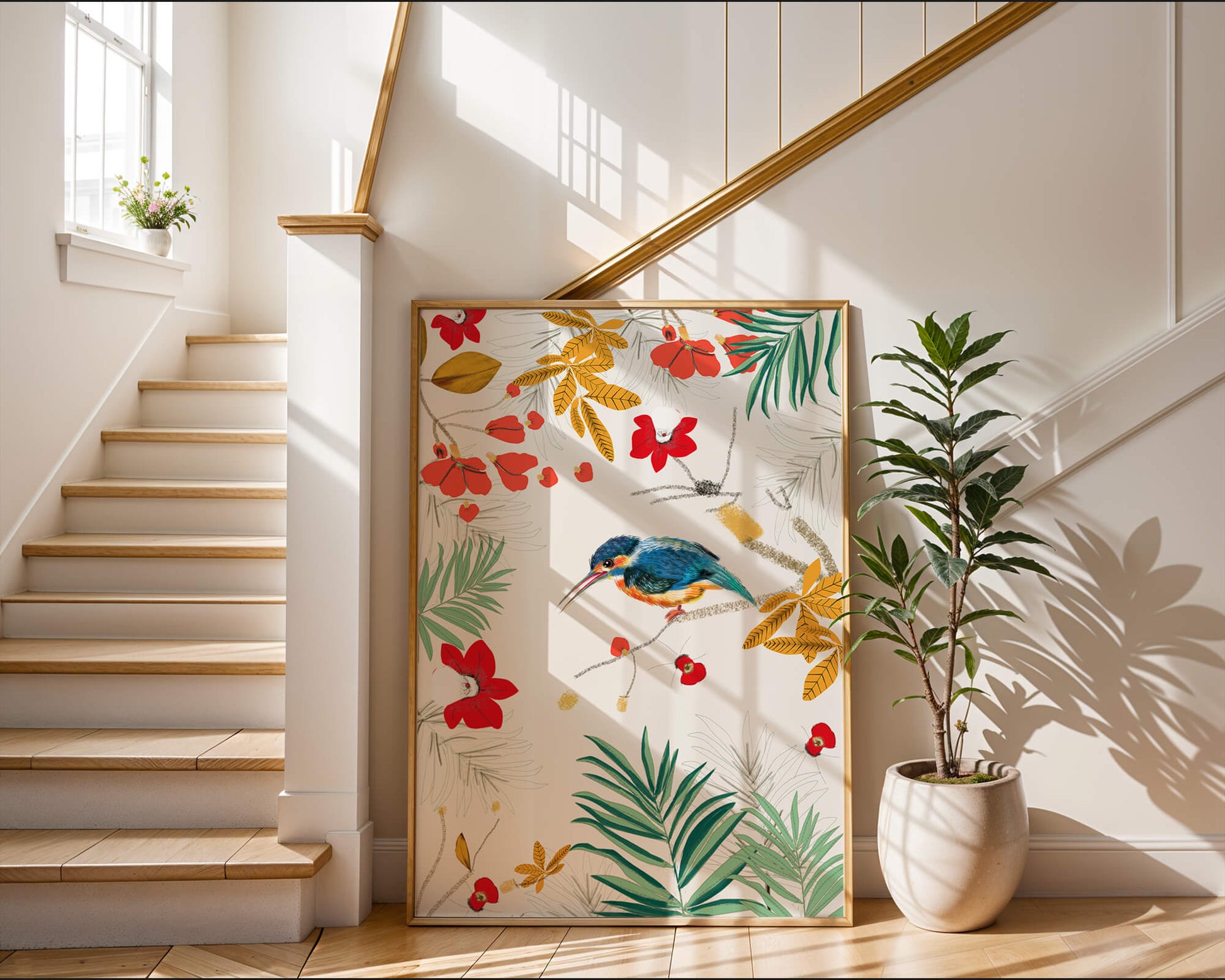 Oiseaux et feuillages colorés dans un décor botanique tropical