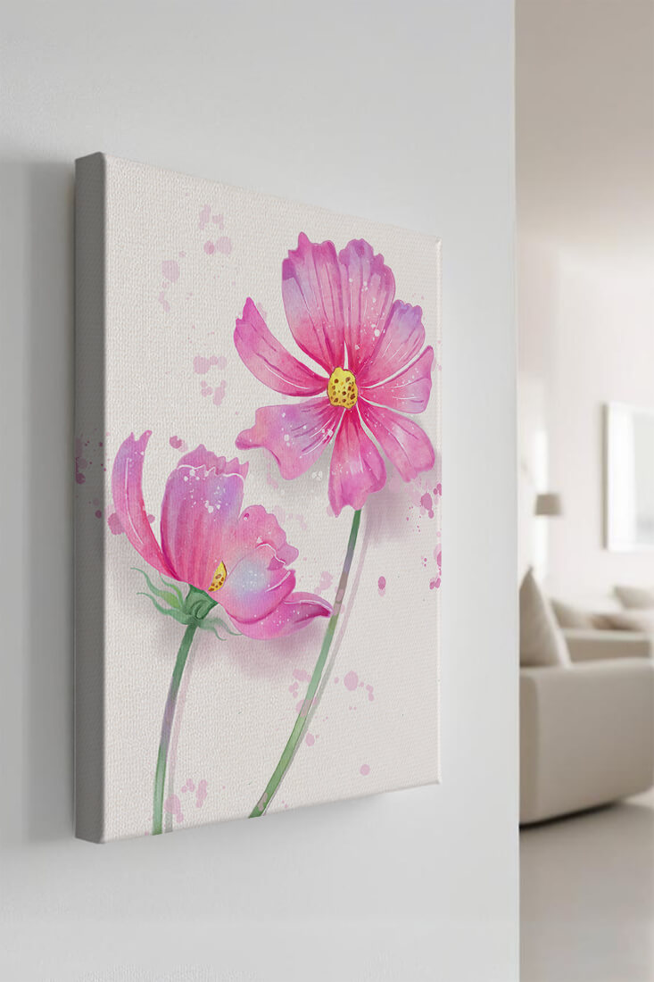 Flores delicadas en acuarela rosada con salpicaduras artísticas en lienzo