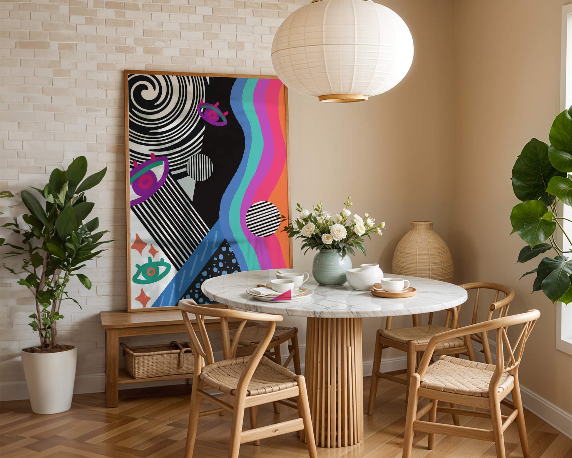 Colorful abstract art with geometric patterns and vibrant shapes