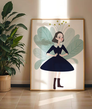 Ilustración de una chica caprichosa con hojas y elementos florales