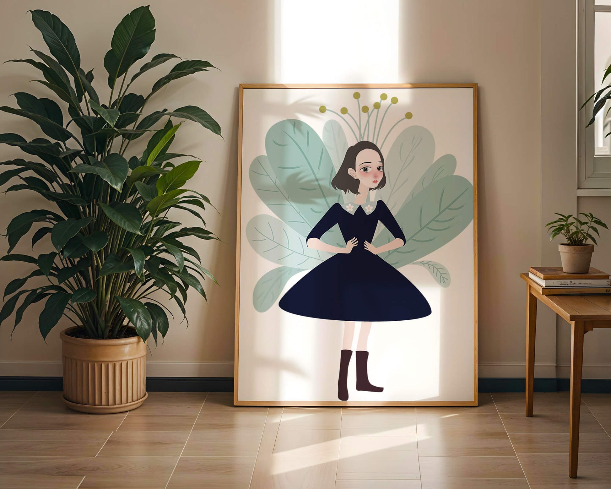 Illustration of a whimsical girl with leaves and floral elements